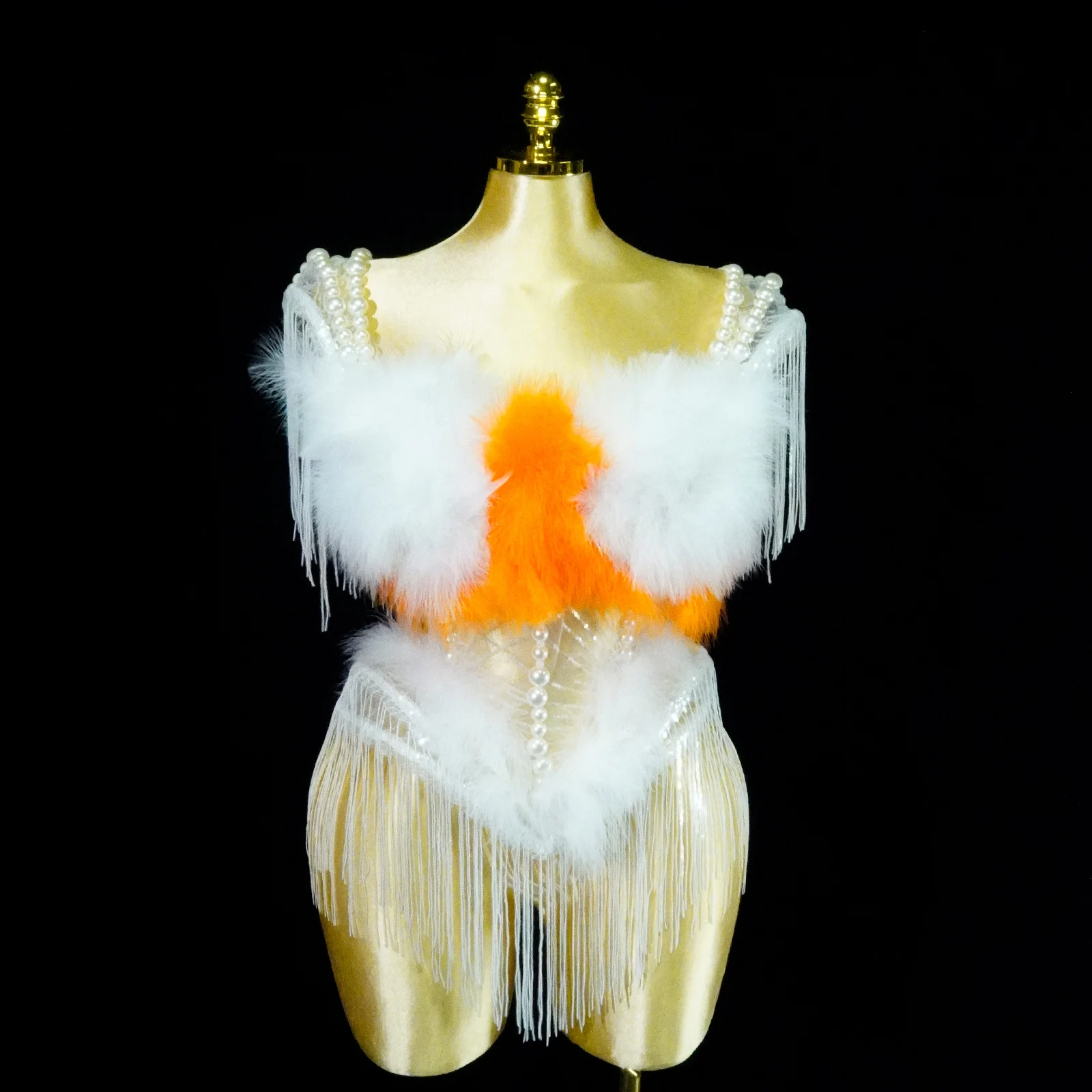 

Sparkle White Pearls Feather Dancewear Top Accessories Tassels Singer Stage Performance Costume Festivals Outfit Celebrate Club