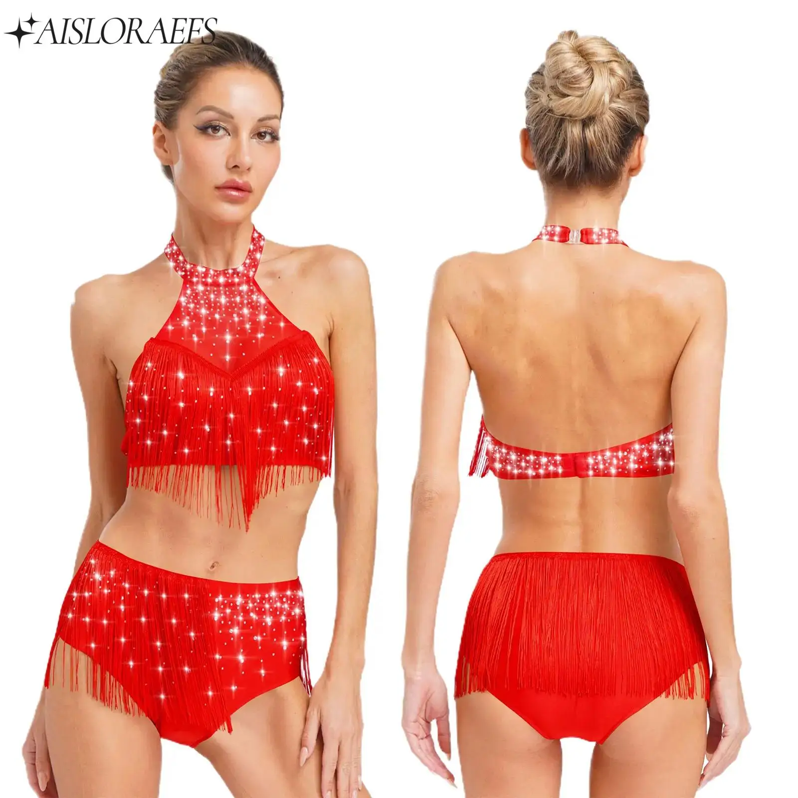 

Womens Shimmery Rhinestone Latin Dance Outfits Salsa Samba Belly Dancing Party Performance Outfits Crop Tops And Tassel Shorts