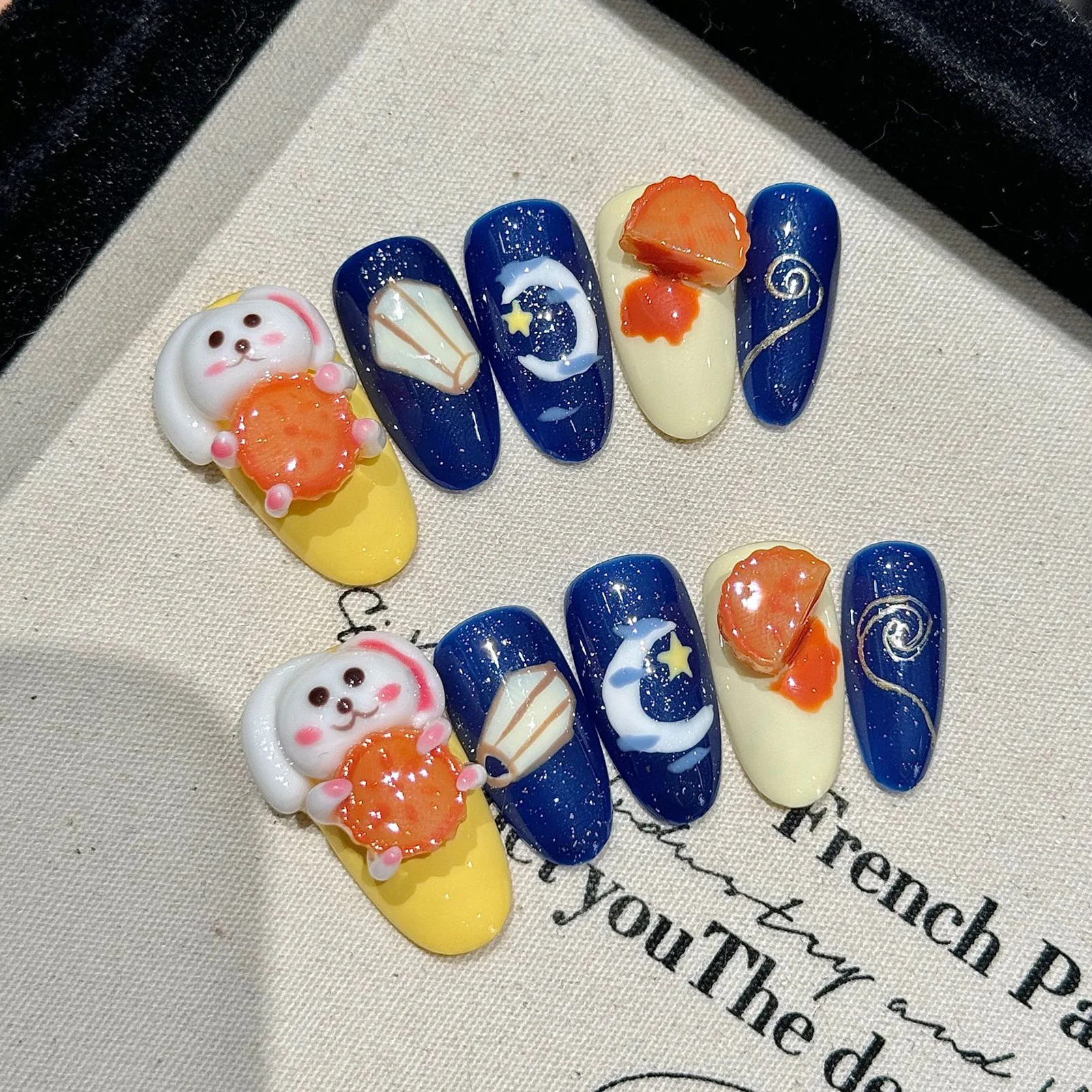 

10 шт. 3D милые накладные ногти в виде кроликов, ручной работы, в китайском винтажном стиле, миндалевидные, с дизайном «Луна и облака», синие, искусственные ногти