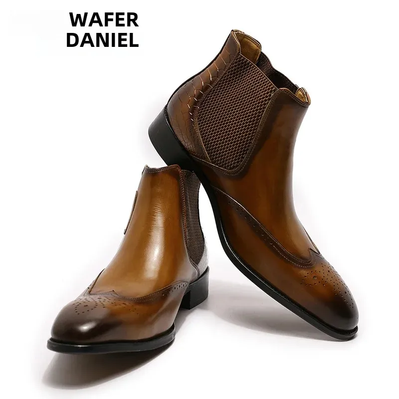 Botas chelsea de couro genuíno de luxo masculino tornozelo de alta qualidade deslizamento na fivela cinta wingtip marrom preto sapatos básicos