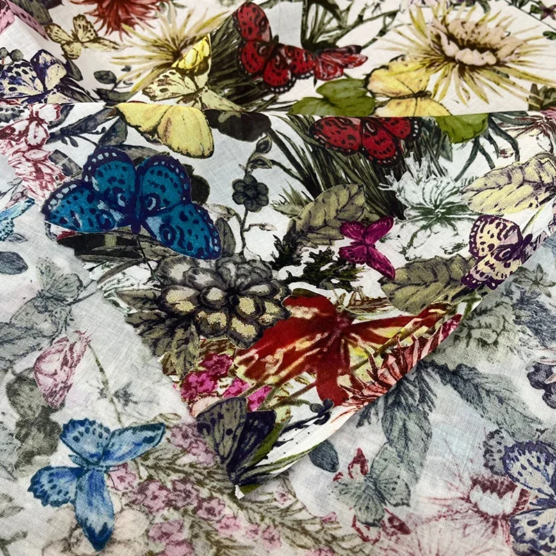 2024 Brand Cotton Printed Butterfly Flower Pattern Fabric for Dress Shirt High Quality Elastic Satin Fabric Material for Clothes