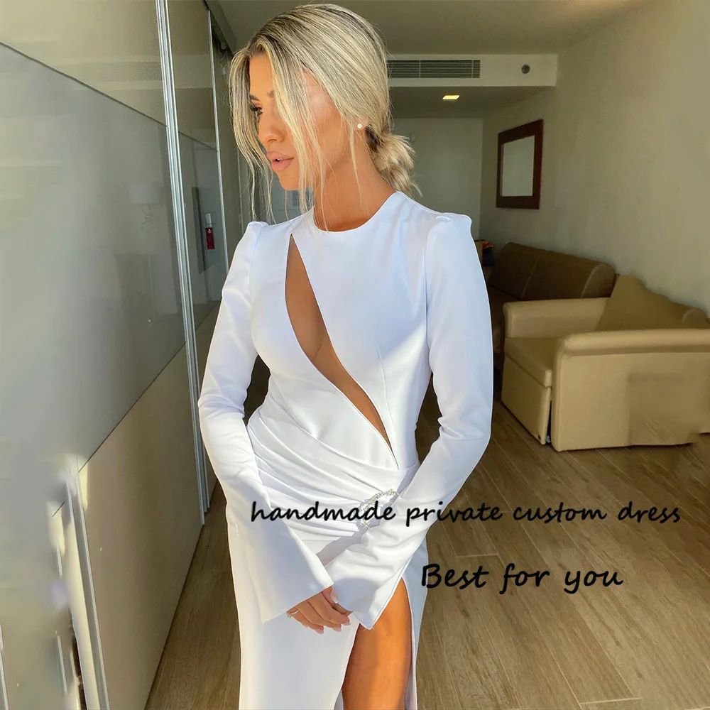 

White Mermaid Wedding Dresses Full Sleeve Sexy Split Cut Out Beach Bride Dress Mono Satin Long Chic Wedding Bridal Gowns