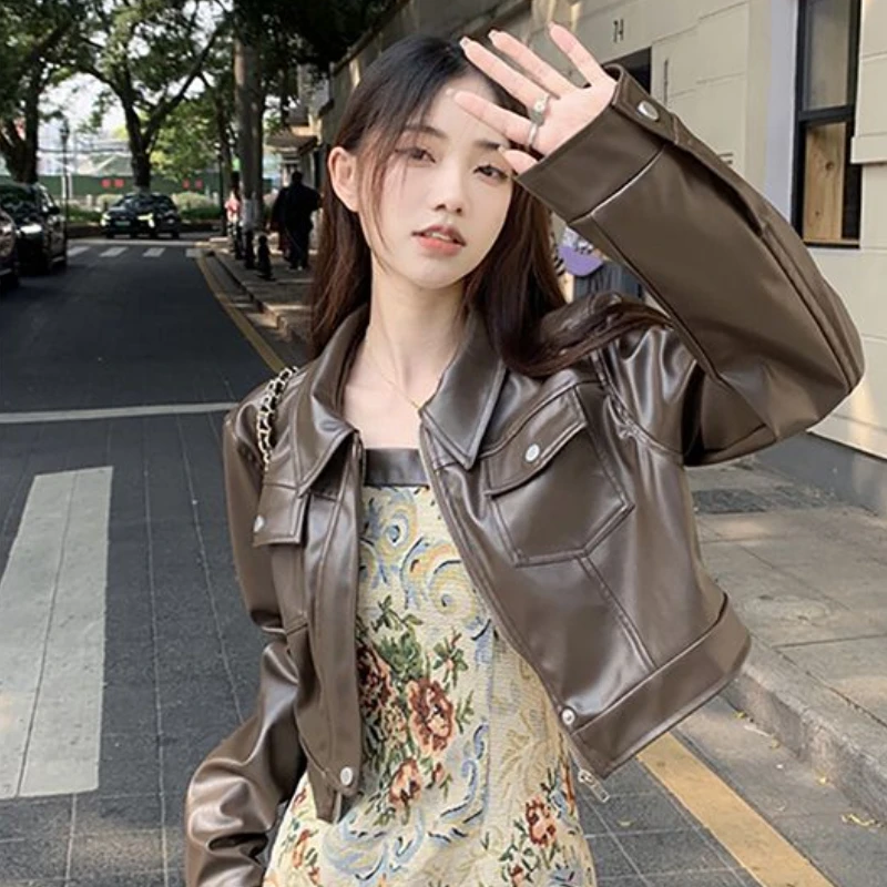 PU Jackets Women Crop Solid Vintage Spring Baggy Streetwear Outwear Unisex Fashion Casual All-match Simple New Korean Style Chic