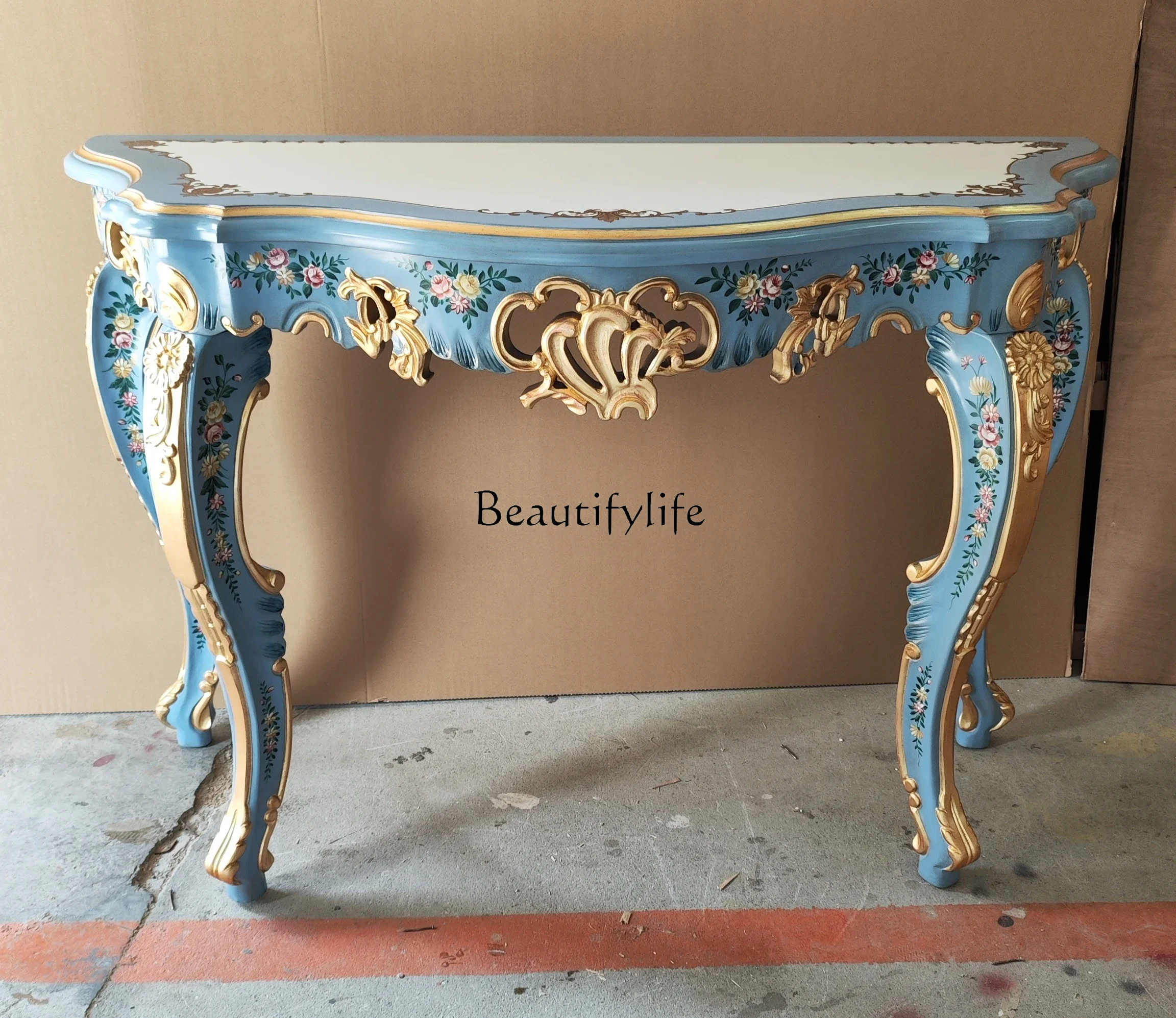 

05 FG17European Style Luxury Hand-painted Solid Wood Heavy Carving Gold Painting French Curved Edge Console Table