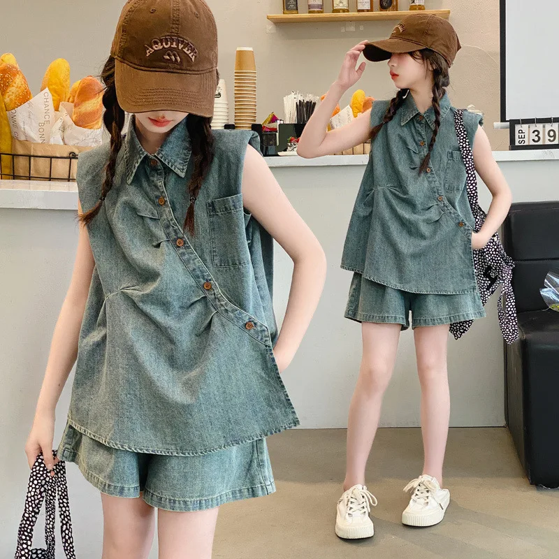 

Girls' Fashion Summer Children's Denim Sleeveless Top Irregular Vest+Two-piece Shorts Set