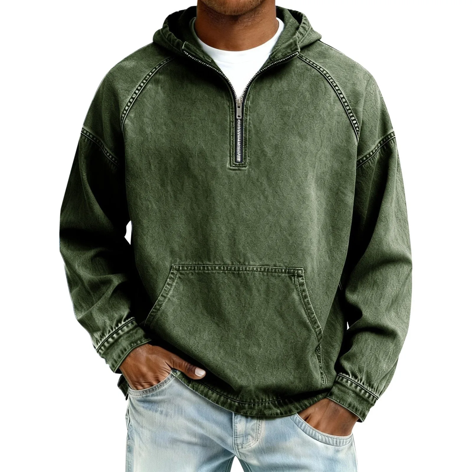 Hooded Zipper Set Casual with Stand Collar Long Sleeve Front Patch Pockets Patchwork Detail Washed Finish Autumn Daily for Men