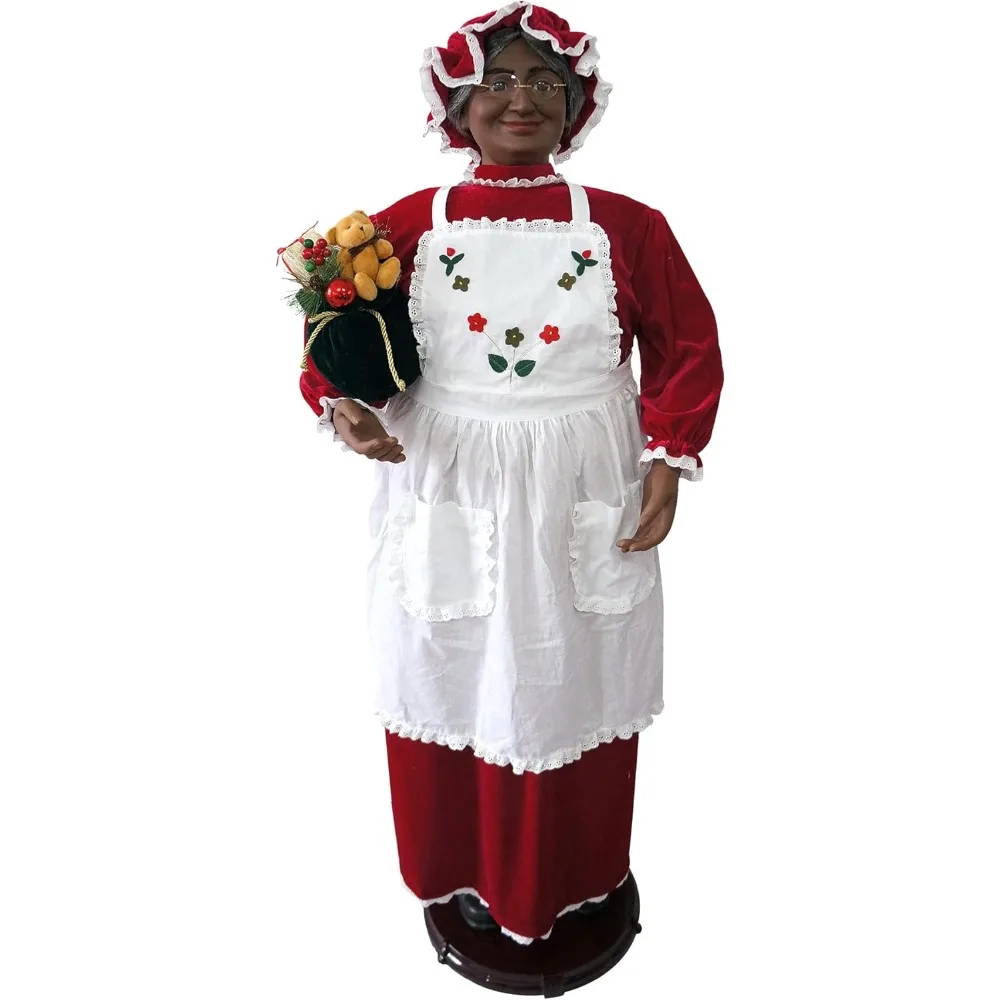 58-in. African American Dancing Mrs. Claus with Apron and Gift Sack,Indoor Animated Motion-Activated Christmas Animatronic.