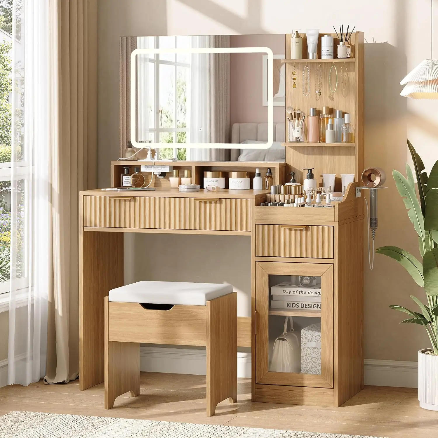 Fluted Makeup Vanity with Lighted Mirror & Storage Stool, Oak, Customized