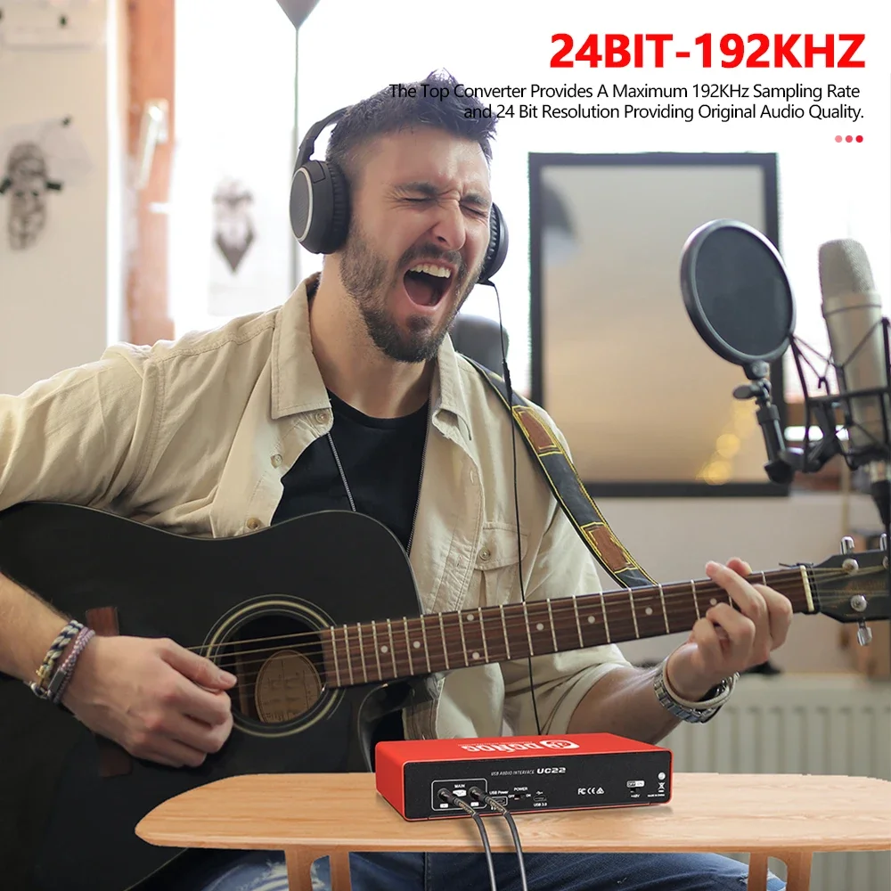 Carte son d\'interface Audio UC22 convertisseur AD 24 bits/192KHz, guitare électrique, enregistrement en direct, chant professionnel en Studio,