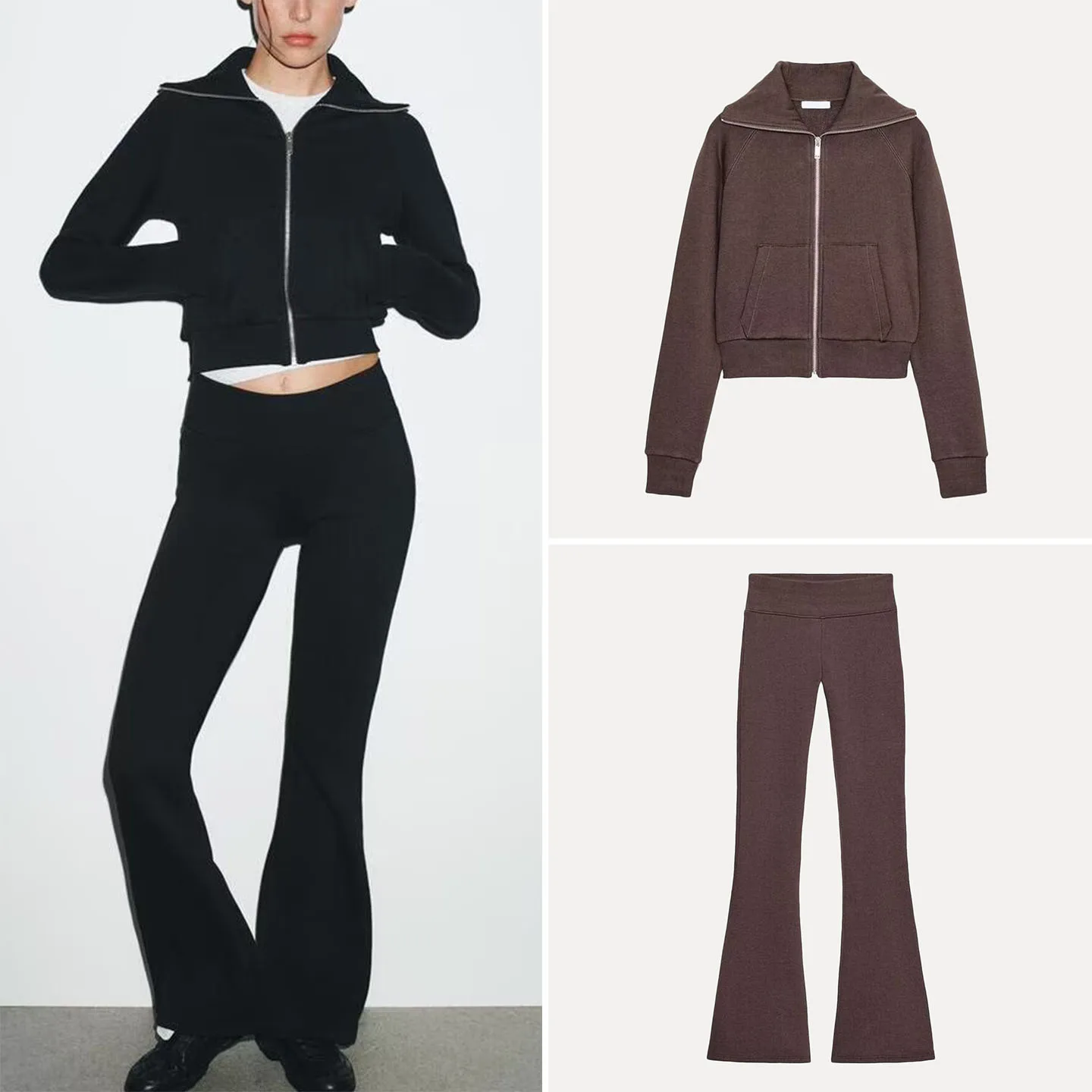 

Fall 2025 Women's Zipper Jacket Elastic Waist High Waist Flared Pants Fashion Set Short Sleeve Long Pants Pure Color Adult