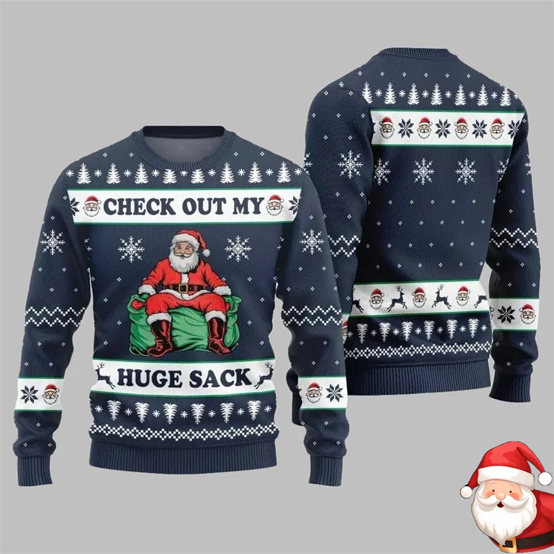 Check Out My Huge Sack Santa Claus Christmas Ugly Sweatshirt For Men Humour Design Long Sleeve Pullover Sweater Festival Gift
