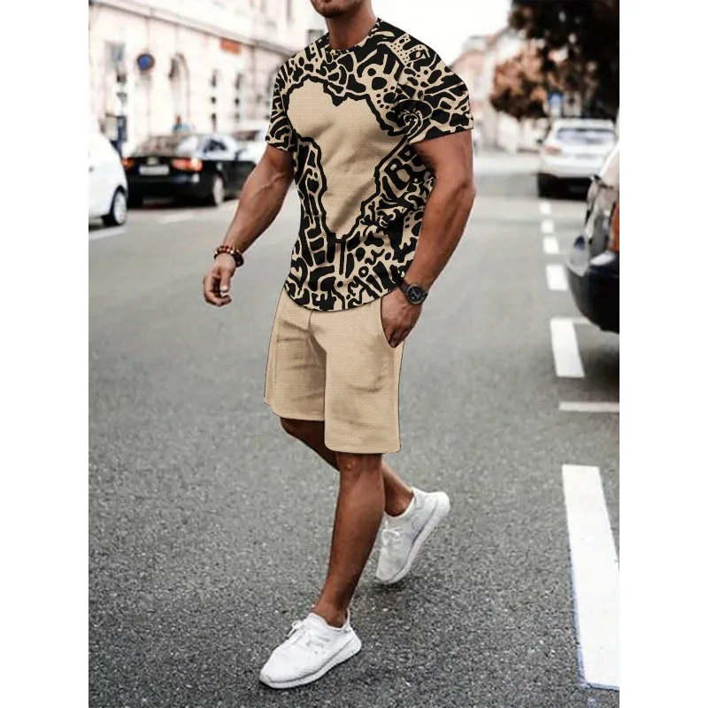 2025 Men's 3D Digital Printed Polyester Fiber 2-piece Summer Short Sleeve Round Neck T-shirt Sports Shorts Outdoor Set