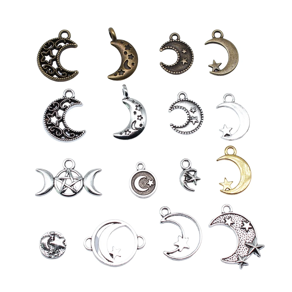 20pcs Star And Moon Charms For Jewelry Making Antique Bronze Silver Color Pendants Making DIY Handmade Tibetan Finding Jewelry