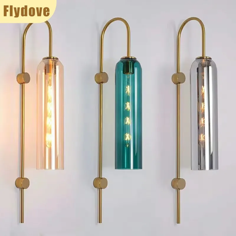 

Nordic Modern LED Blue Glass Tube Bedroom Wall Lamp Art Bedside Living Room Study Corridor Bathroom E27 Indoor Lighting Fixture