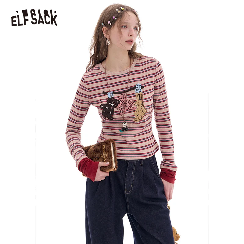 

ELFSACK 2025 Spring New Arrivals Sweet and cool Y2K bear patch contrast color stripes long sleeve T-shirt for women