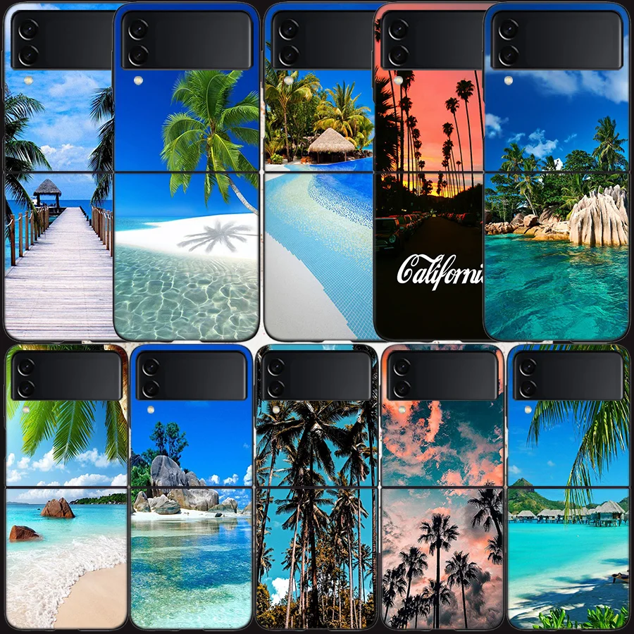 Sea Tropical Palm Trees Beach Case for Samsung Galaxy Z Flip 6 Flip 5 4 3 5G Black Cell Phone Cover Samsung Z Flip 5 5G Luxur