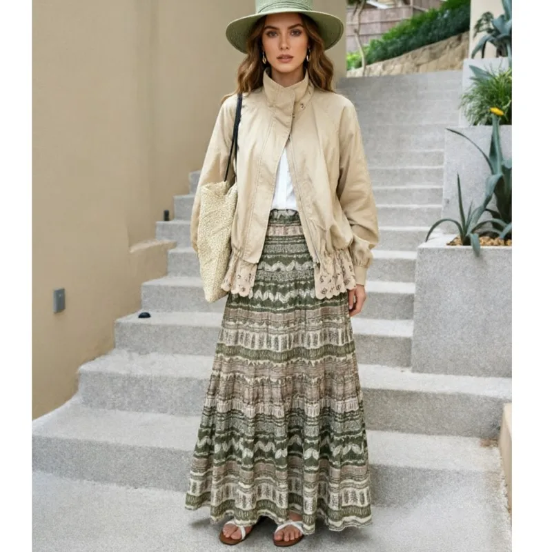 Women's Maxi Dress 100% Enzyme Washed Linen Green Yellow Print High Waist Tiered Cake Skirt Boho Summer Vacation Beach Dress