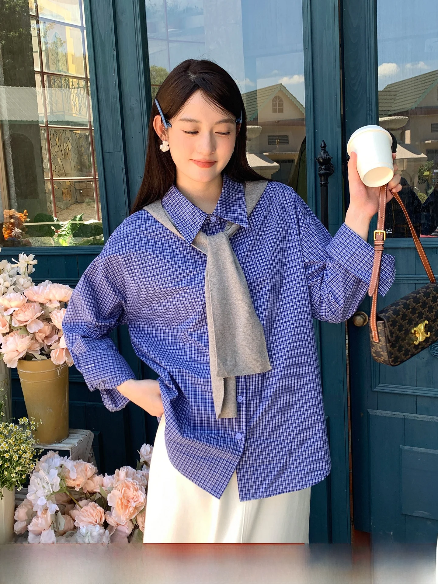 

Женская повседневная свободная хлопковая блузка Miu Series больших размеров в клетку, с эффектом омоложения, высокого качества, с заниженной линией плеч