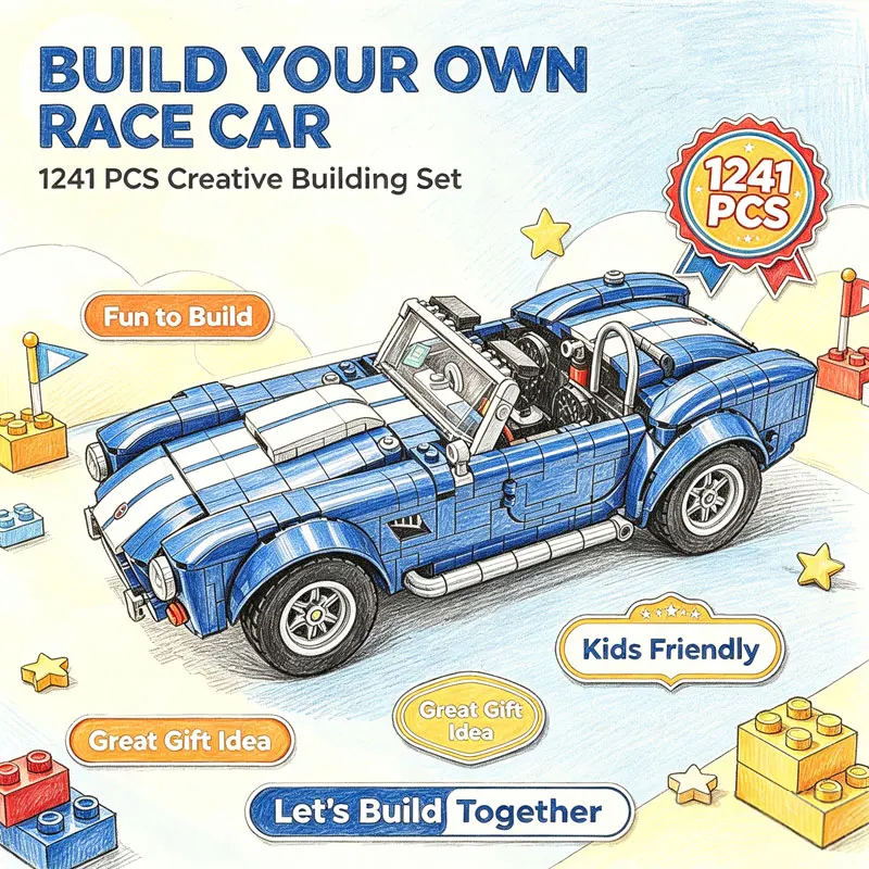 1241PCS Retro Blue Convertible Race Car Building Blocks Set DIY STEM Sports Car Model Kit Educational Toy Gift for Kids Adults