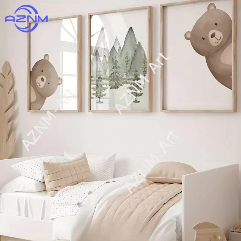 1/3 Stück Waldbären-Poster mit Aufdruck, Niedliche Cartoon-Tier-Leinwandbilder für Kinderzimmer, Babyzimmer, Wanddekoration