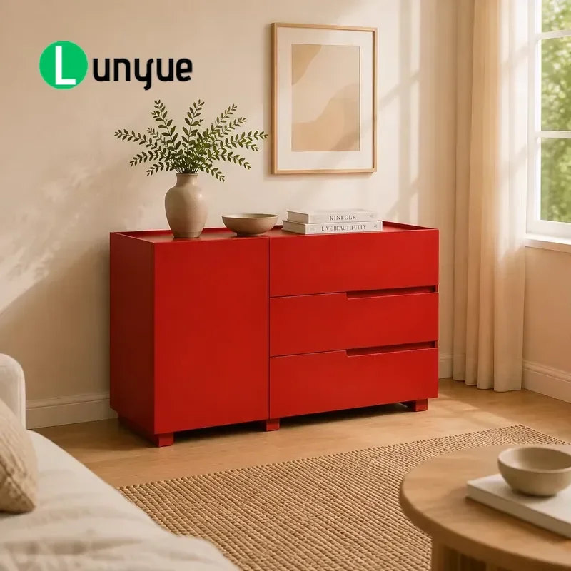 Modern Red Solid Oak Side Cabinet Eco Friendly Living Room Storage Drawers Simple Design Furniture For Home Decor