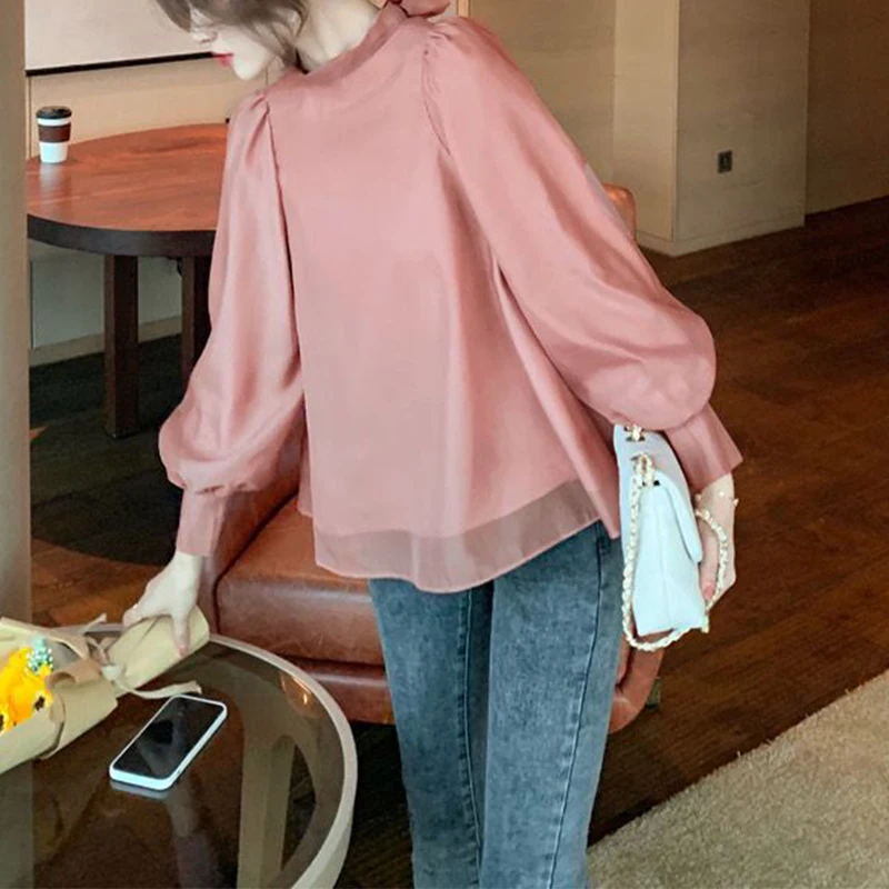 Spring Summer Solid Color Stand Collar Elegant Fashion Bow Shirt Lady Long Sleeve Temperament All-match Top Women Vintage Blouse