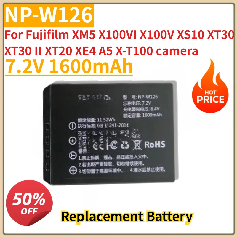 

New NP-W126 Camera Battery 7.2V 1600mAh for Fujifilm XM5 X100VI X100V XS10 XT30 XT30 II XT20 XE4 A5 X-T100 camera