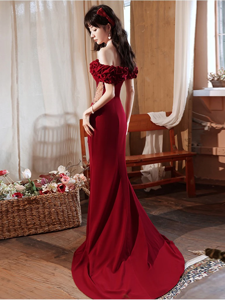 Wine Red Celebrity Dresses Pleated Mermaid See Through Waist Off the Shoulder Beading Zipper Fishtail Female Wedding Party Gowns