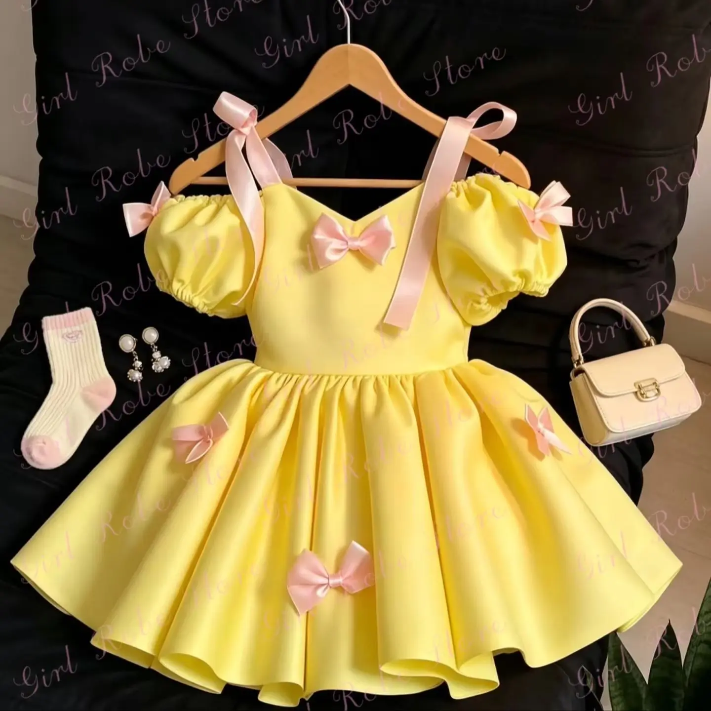 Customized Yellow Satin Flower Girl Dress For Wedding Short Sleeves Knee Length With Bow Lovely Infant Birthday Photo Shoot Gown