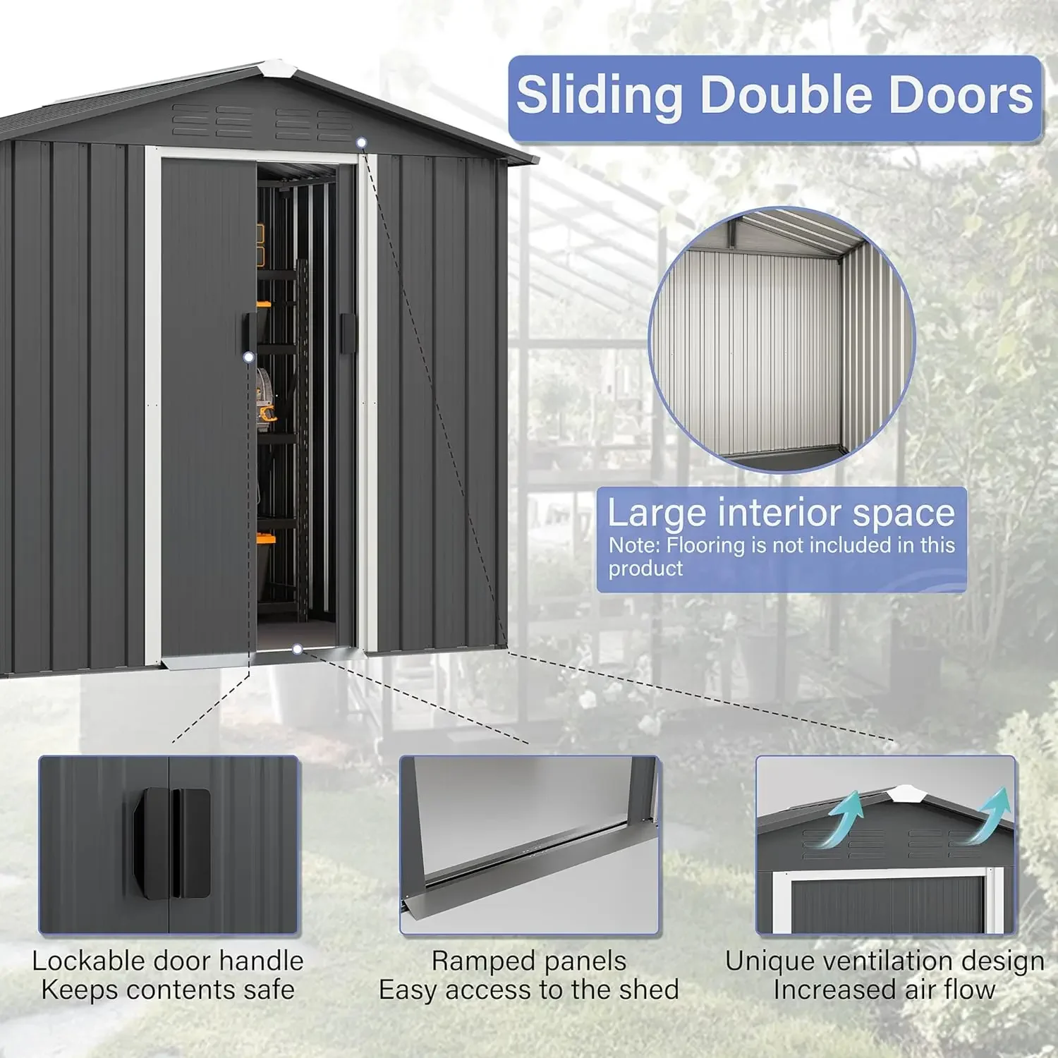 Impermeável grande jardim ferramenta Shed com aberturas de ar e porta deslizante bloqueável, ao ar livre Shed Storage House, 6x4ft