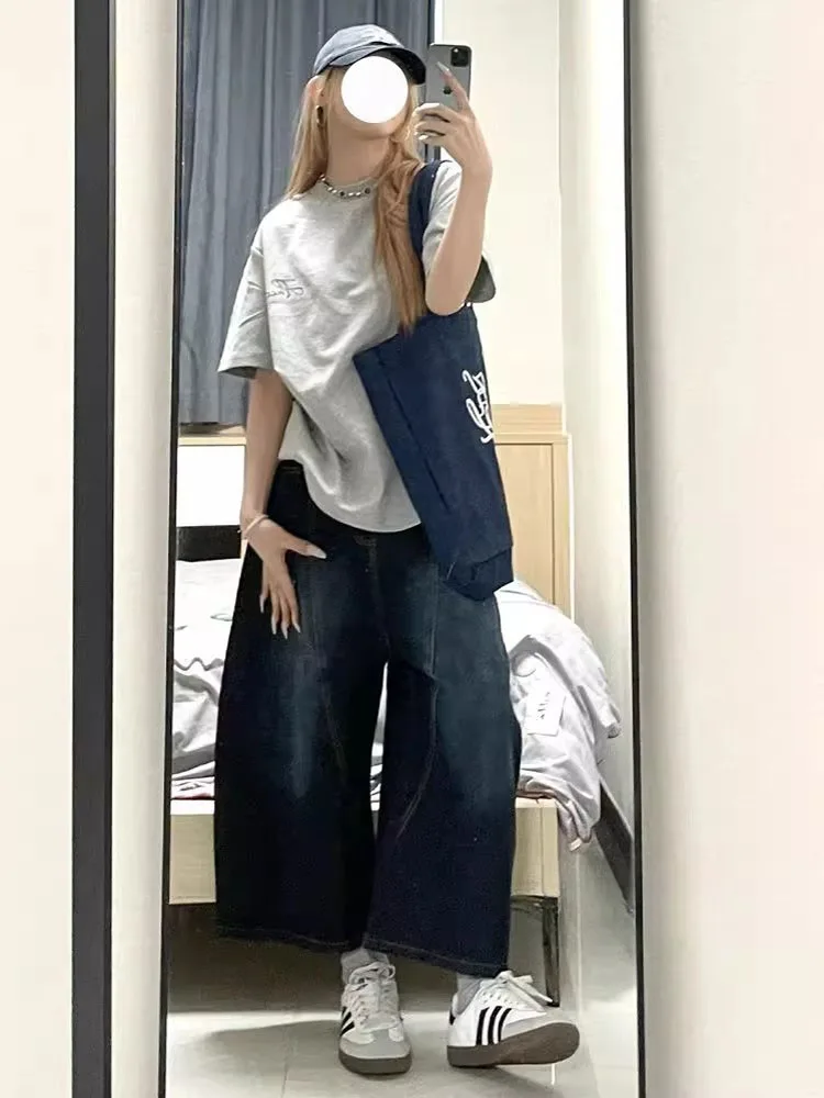 

plus Size American Ba Embroidery Wide Leg Denim Pants Women's Spring New Slimming Drapey Knife Seven Pants Casual Loose Fit