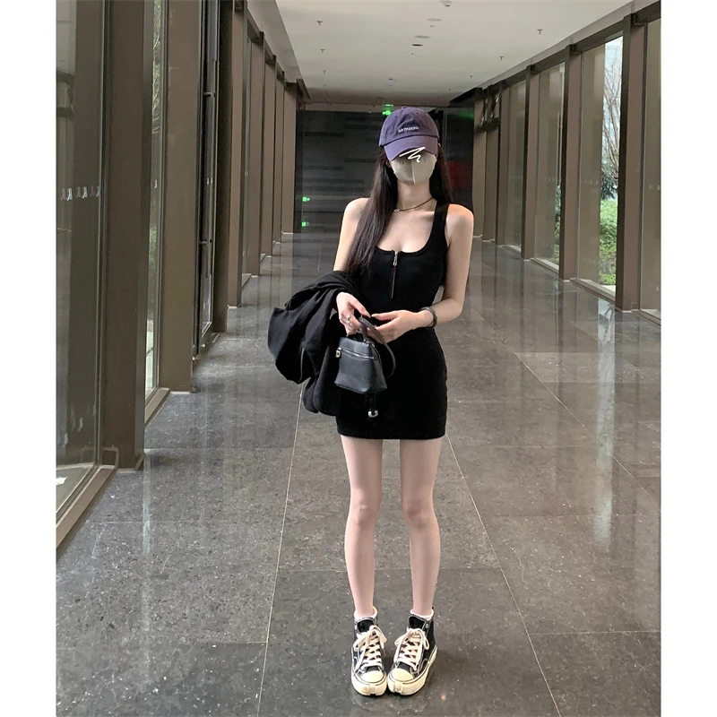 Black Square Collar Camisole Dress, Summer Women's Waist Bag, Hip Skirt, Slim Fit Vest Dress