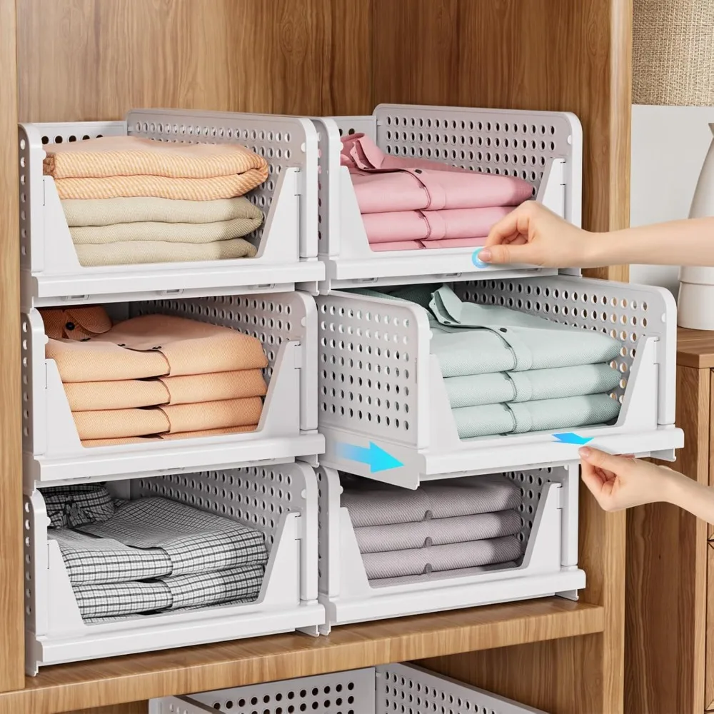 

5 Pack Stackable Closet Storage Basket, Multifunctional & Foldable Closet Organizer for Bathroom Kitchen Laundry Room Wardrobe