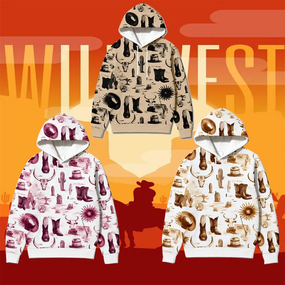 

Vintage Western Cowboy Pattern Hoodie Autumn Clothes Women's Sweatshirt Cactus Skull Print Coat Unisex Y2K Casual Warm Pullover