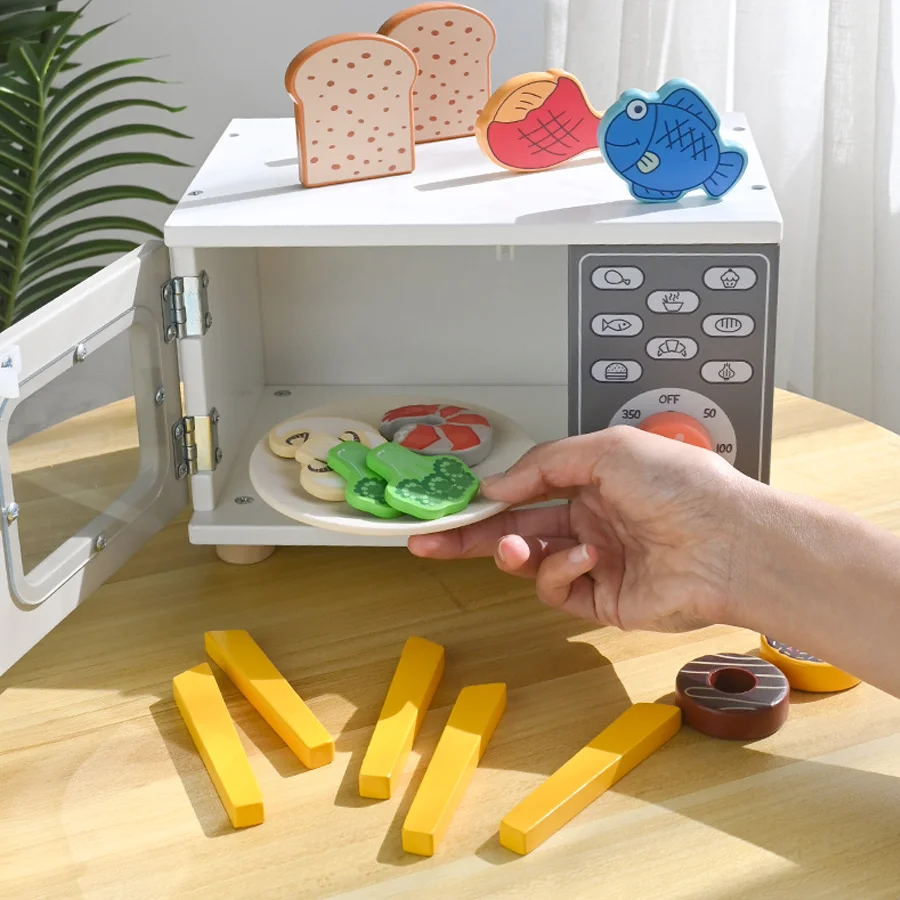 Children Wooden Pretend Play Microwave Oven Set Simulation Kitchen Food Game Learning Educational Montessori Toys for Kids Gift