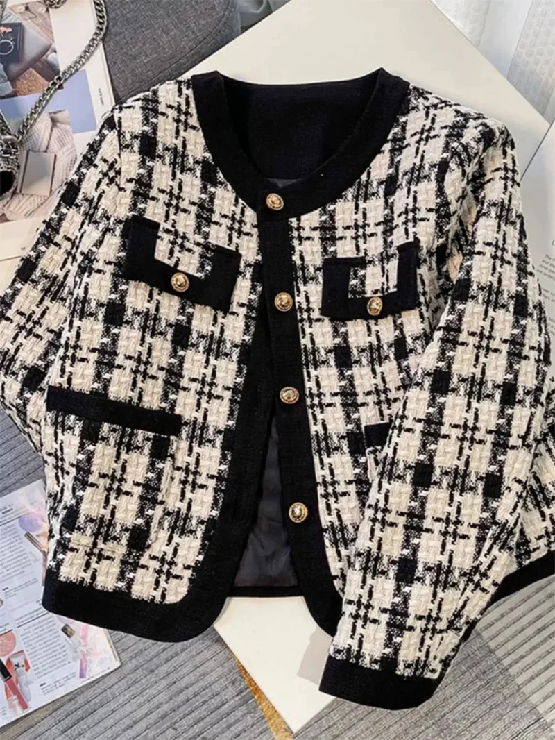High Quality French Vintage Small Fragrance Tweed Jacket Coat Women's Spring Autumn Casual Fried Street Short Coat Plaid Outwear