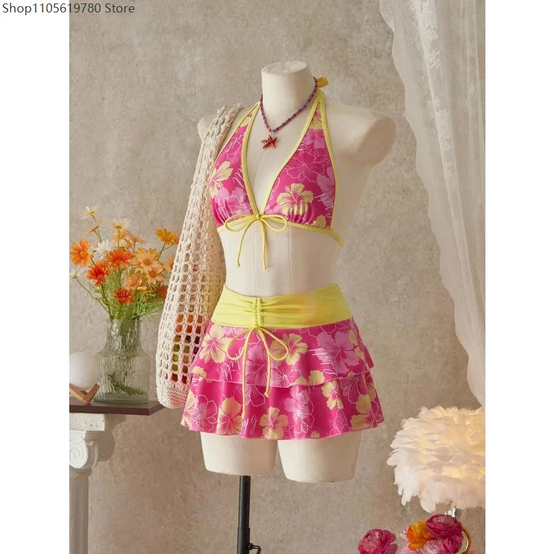 Women's Swimsuit Elegant Floral Color Block Triangle Halter High-Waist Bikini Set Cover Up Skirt 2026 Micro Bikini Three-Piece