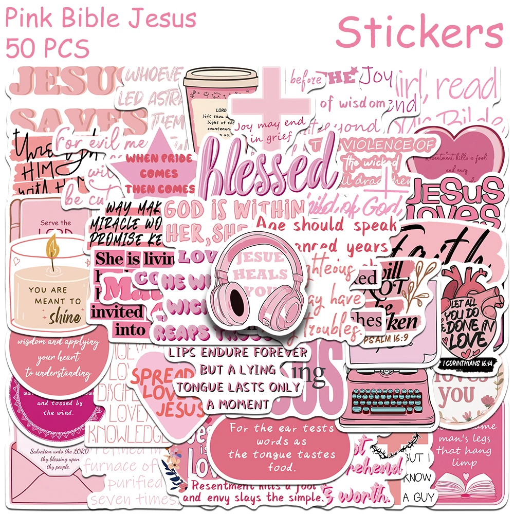 50pcs Pink Bible Jesus Stickers Decals For Phone Scrapbook Suitcase Guitar DIY Aesthetic Waterproof Stickers Creative Gifts
