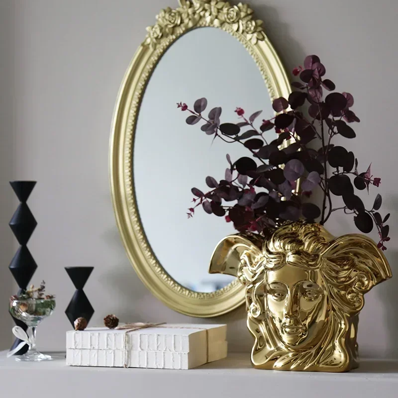 Gold-Plated Ceramic Medusa Vase, Luxury Ornaments, Northern European Household, Living Room, Flower Art Decorations