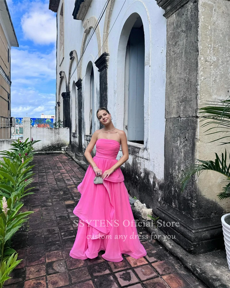 Elegant Hot Pink Ruffles Prom Dresses Strapless Floor Customized Formal Evening Dress Saudi Arabia Women Special Party Gowns