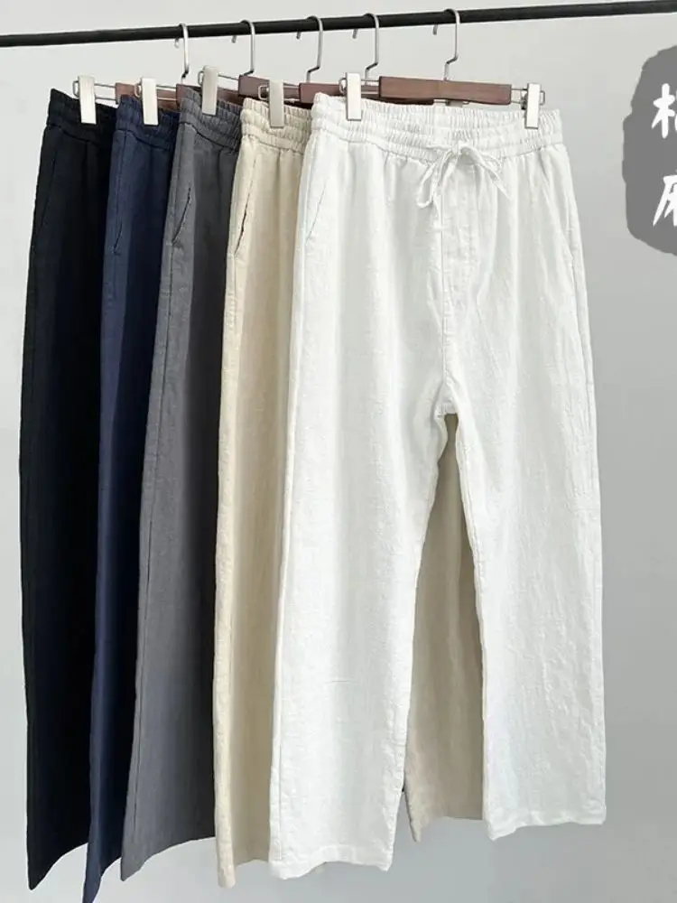 Men's Cotton Linen Solid Color Casual Pants with Elastic Waist Street Wear Jogging Loose Sports Pants