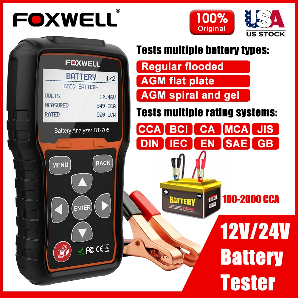 FOXWELL BT705 12V Car Battery Tester 24V Battery Analyzer 100-2000 CCA Automoive Battery Diagnostic Tool