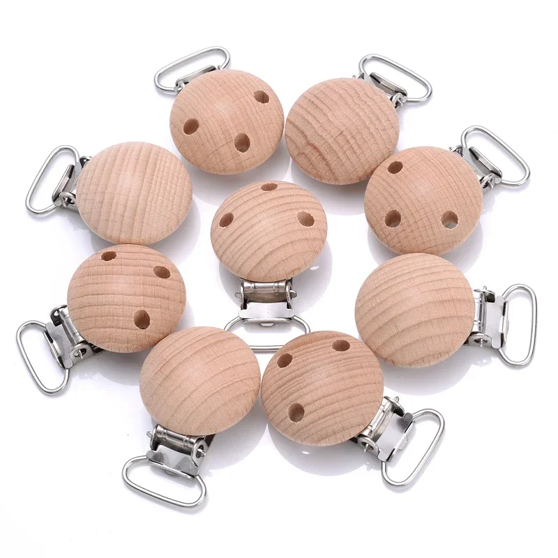 30mm Natural Beech 10Pcs Wooden Pacifier Chain Dummy Holder ClipsRound Wood Pacifier Clip Food Grade Baby Teether Chew Toys