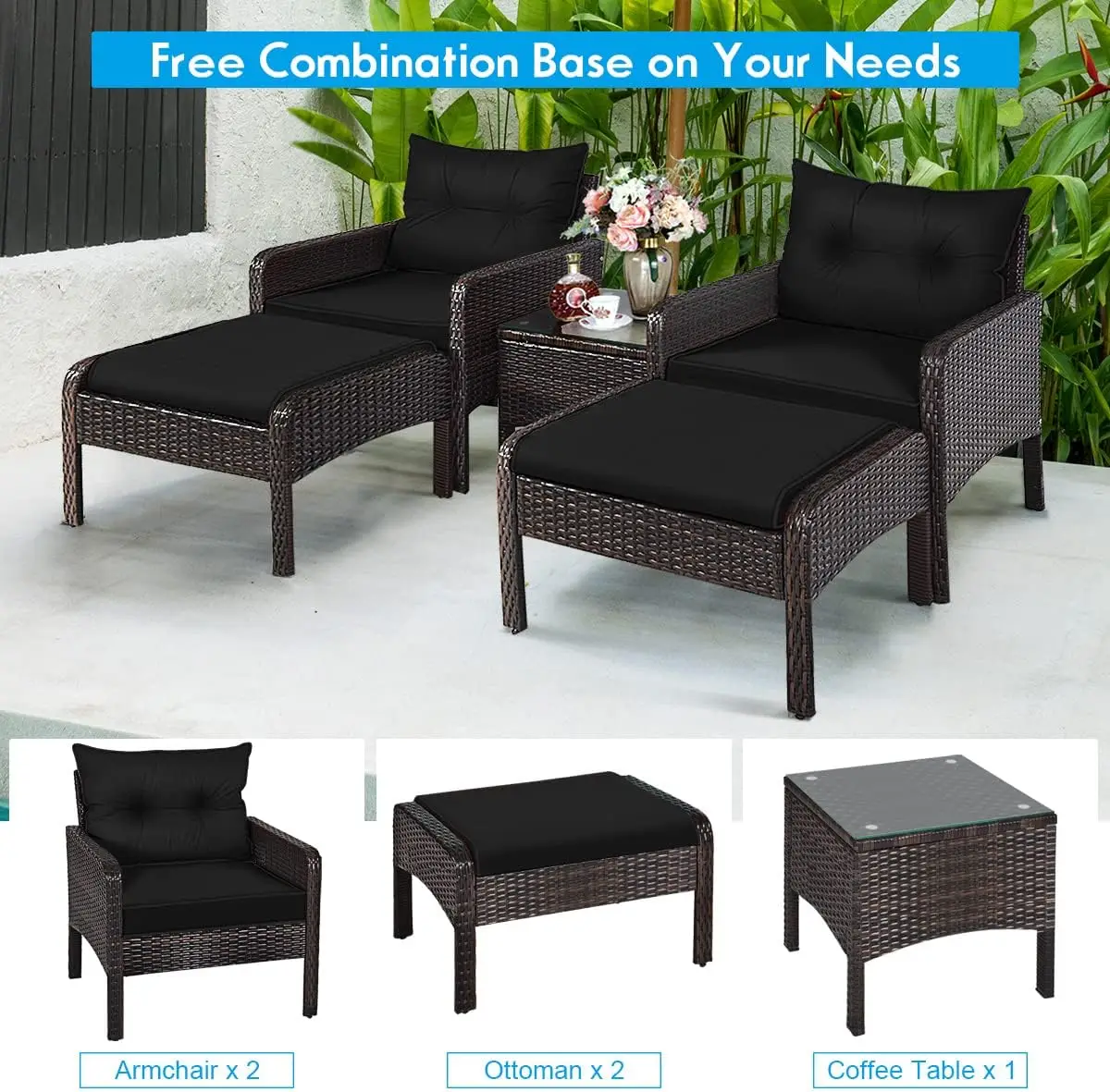 Korb möbel Set 5 Stück Pe Wicker Rattan Outdoor Allwetter gepolsterte Sofas und Ottomane Set Rasen Gesprächs set