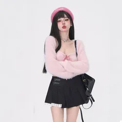 Knitted Pink Set for Women, Long Sleeve, Short Crop, Cardigan, Sleeveless Tank Top, Bandage Y2k Aesthetic T Shirts, Kawaii Fashi