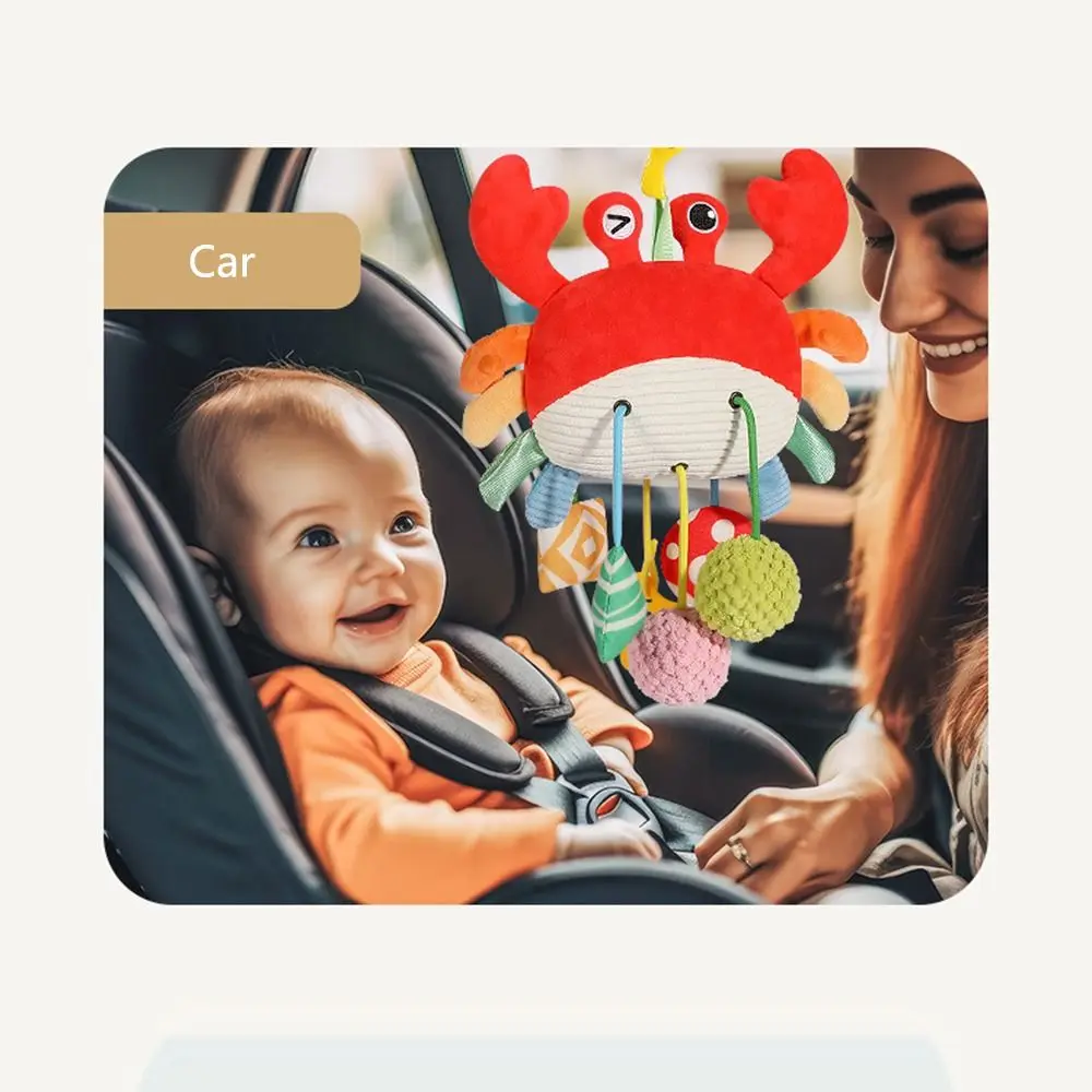カニの形のベビープルストリングおもちゃ クランプ付き 歪みミラー ベビーカー吊り下げ飾り 快適な触り心地のおしゃぶり