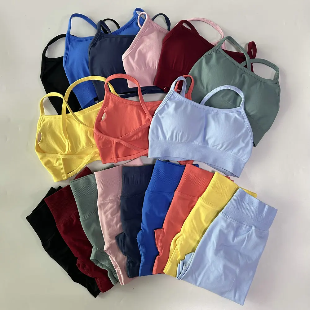 

No Logo 2 Pieces Seamless Yoga Set Women Workout Scrunch Shorts Set Backless Sports Bra Fitness Top Gym Clothes Sportswear