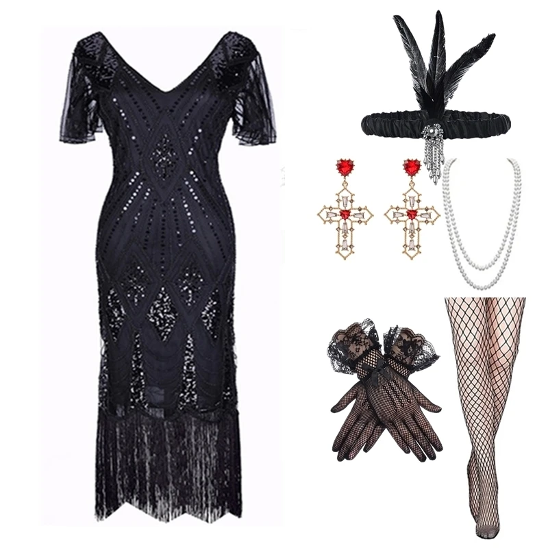 1920s Damen langen Rock neue Vintage Party Flapper Ballsaal Kleid Robe Charleston ärmellose Pailletten Quaste Retro-Stil Kleidung