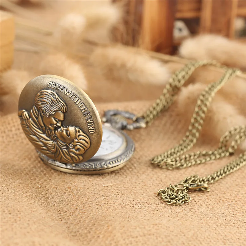 Bronze Gone with The Wind Design Couple Lover Clock Men Women Quartz Pocket Watch Sweater Necklace Chain Gift Watches Reloj