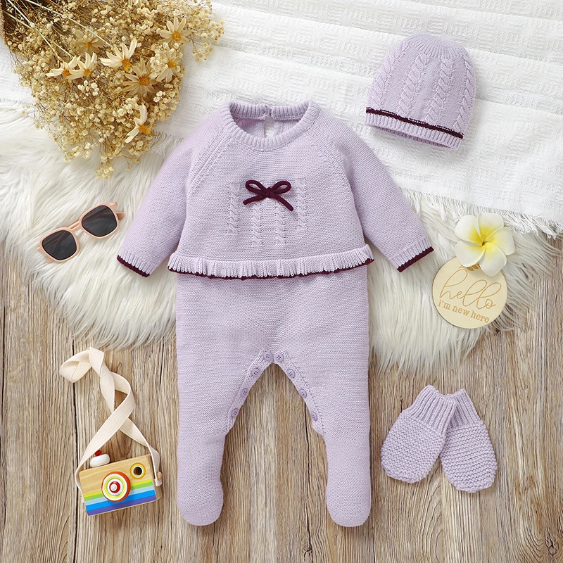 Newborn Baby Romper Set Knit Infant Clothes Hat Gloves Fashion Bow Ruffles 0-9M Foot Wrap Girl Jumpsuit Outfits Long Sleeve 3PCS